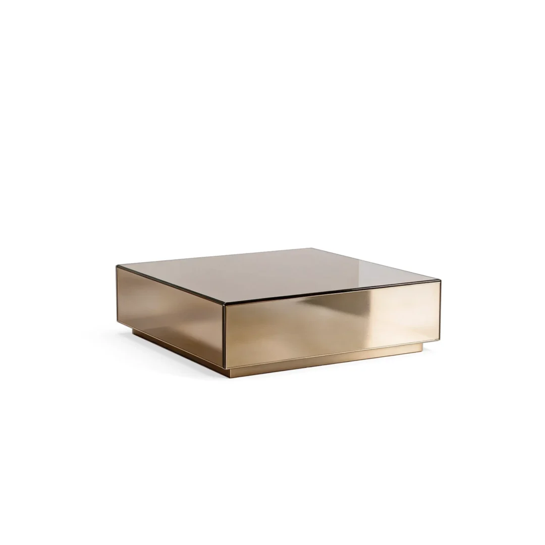 Square coffee table with reflective finish, boxy form, and low platform base, showcasing modern Harmony and Luxury Furniture design from a front angle.