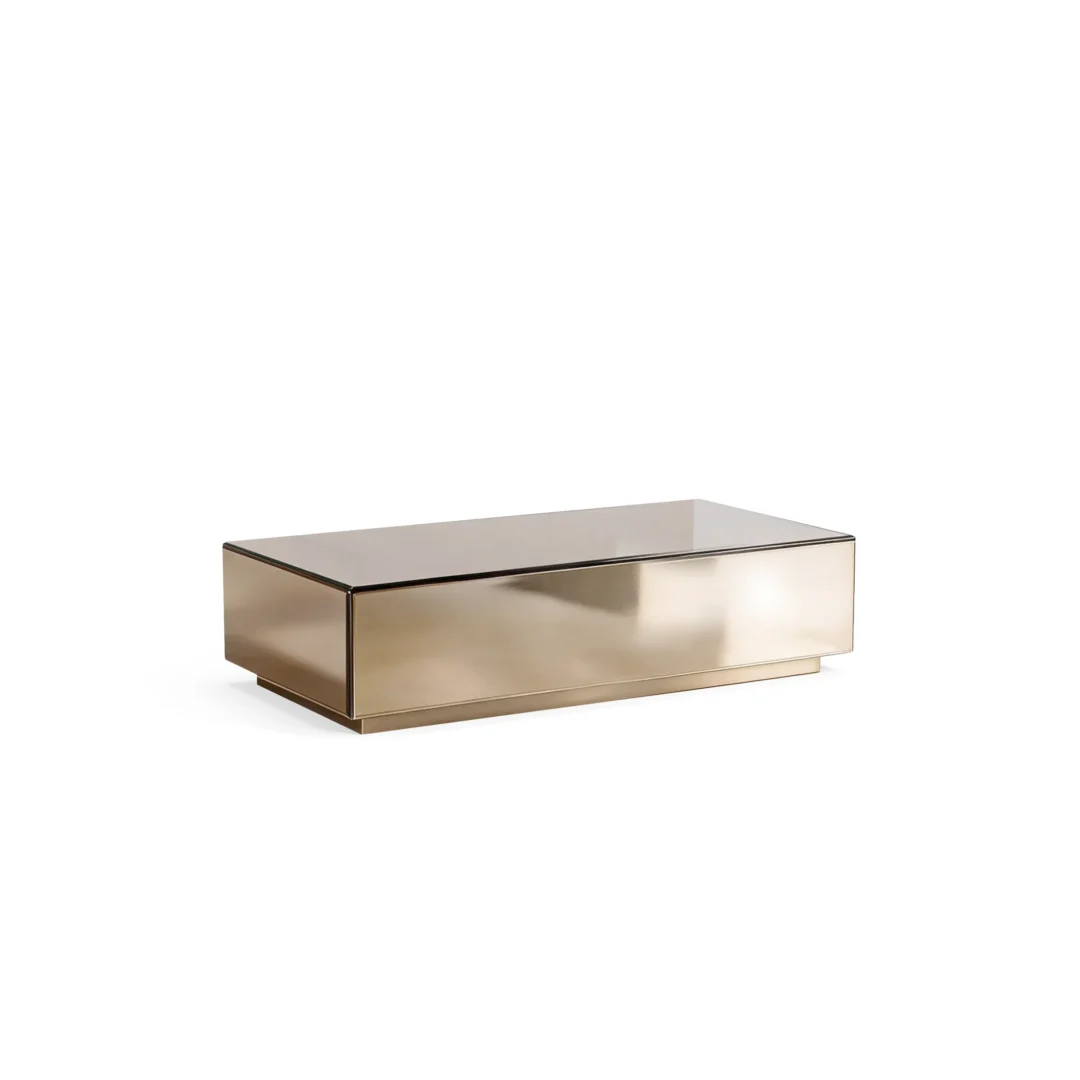 Rectangular luxury coffee table with a solid box-like configuration and a low base, showcasing a sleek, reflective finish for a modern Harmony Luxury Furniture style.