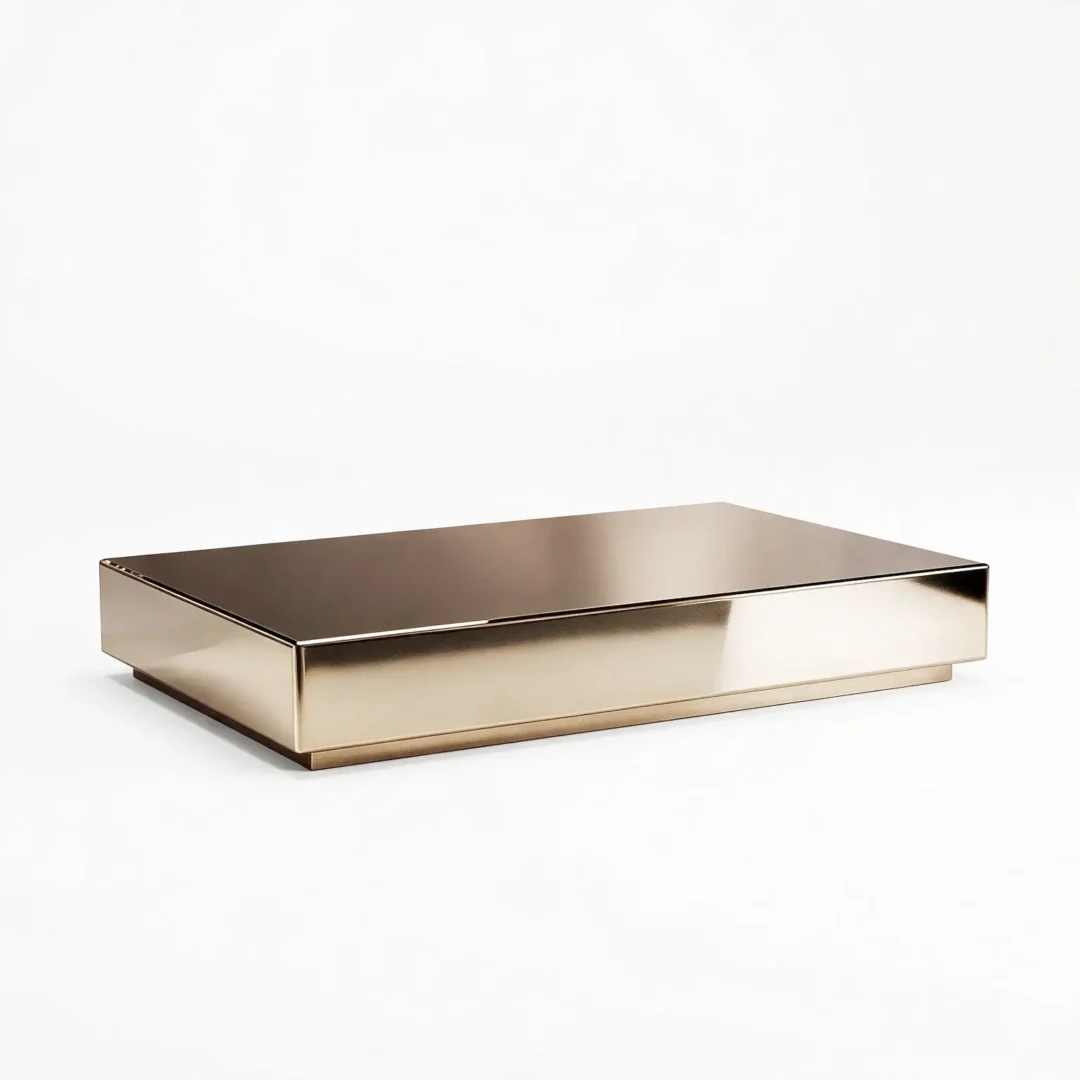 Rectangular coffee table with sharp edges, low profile, smooth top, and a recessed base, viewed at a slight angle.