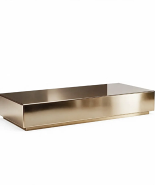 Rectangular coffee table with a low-profile geometric design, solid base, and reflective finish, shown from a front angle, ideal for Harmony Luxury Furniture collections.