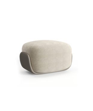 Rectangular ottoman with rounded edges and a thick cushioned top, featuring partial side panels and no visible legs, shown from a front angle.