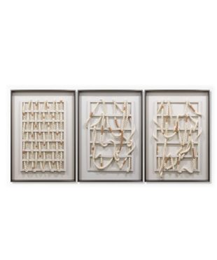 Tramas Set A textile wall sculpture with three panels and glass frame, luxury art piece for contemporary interior design