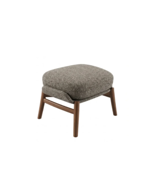 Upholstered ottoman with a brown fabric cushion and a wooden base, shown from a front angle.